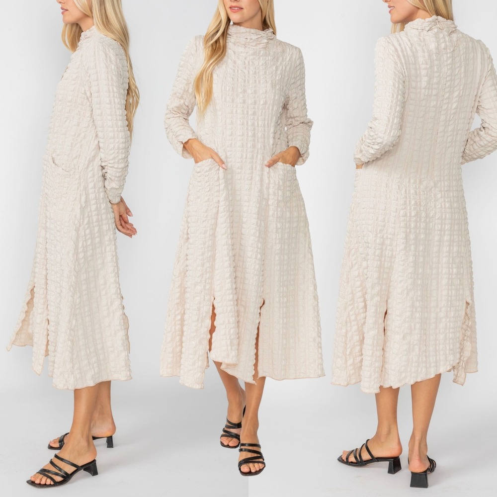 IC Collection Sand Mock Neck Maxi Dress Medium, Shirred LagenLook Avant Garde